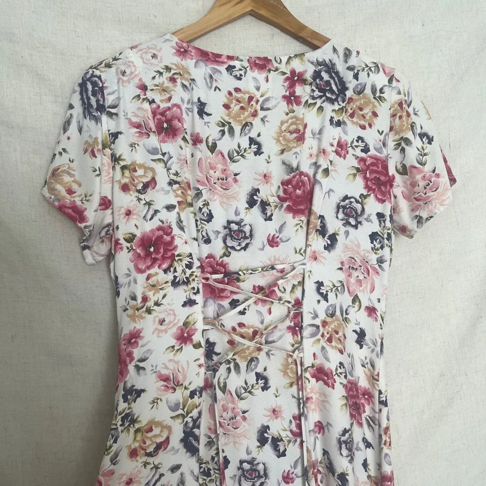 Vintage Decked Out Floral Midi Dress Cottagecore Button Front Women's Size 7/8 - Picture 4 of 9